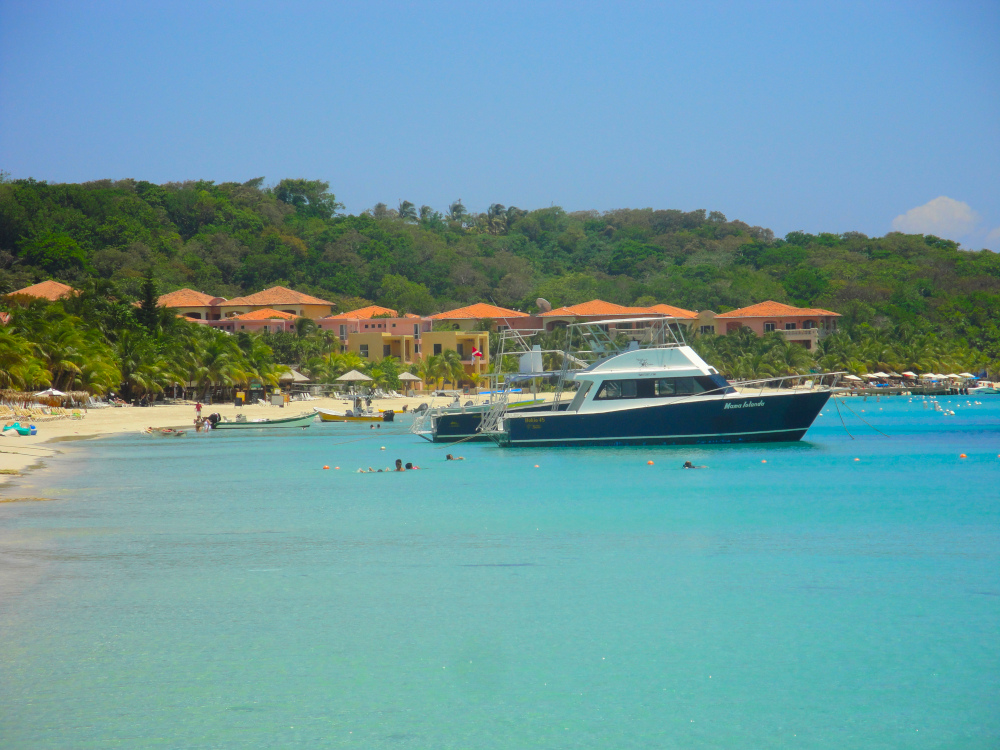Do Somatic Exercises Work – West Bay Beach in Roatán, Honduras, with turquoise waters, boats, and visitors enjoying a calm tropical setting.