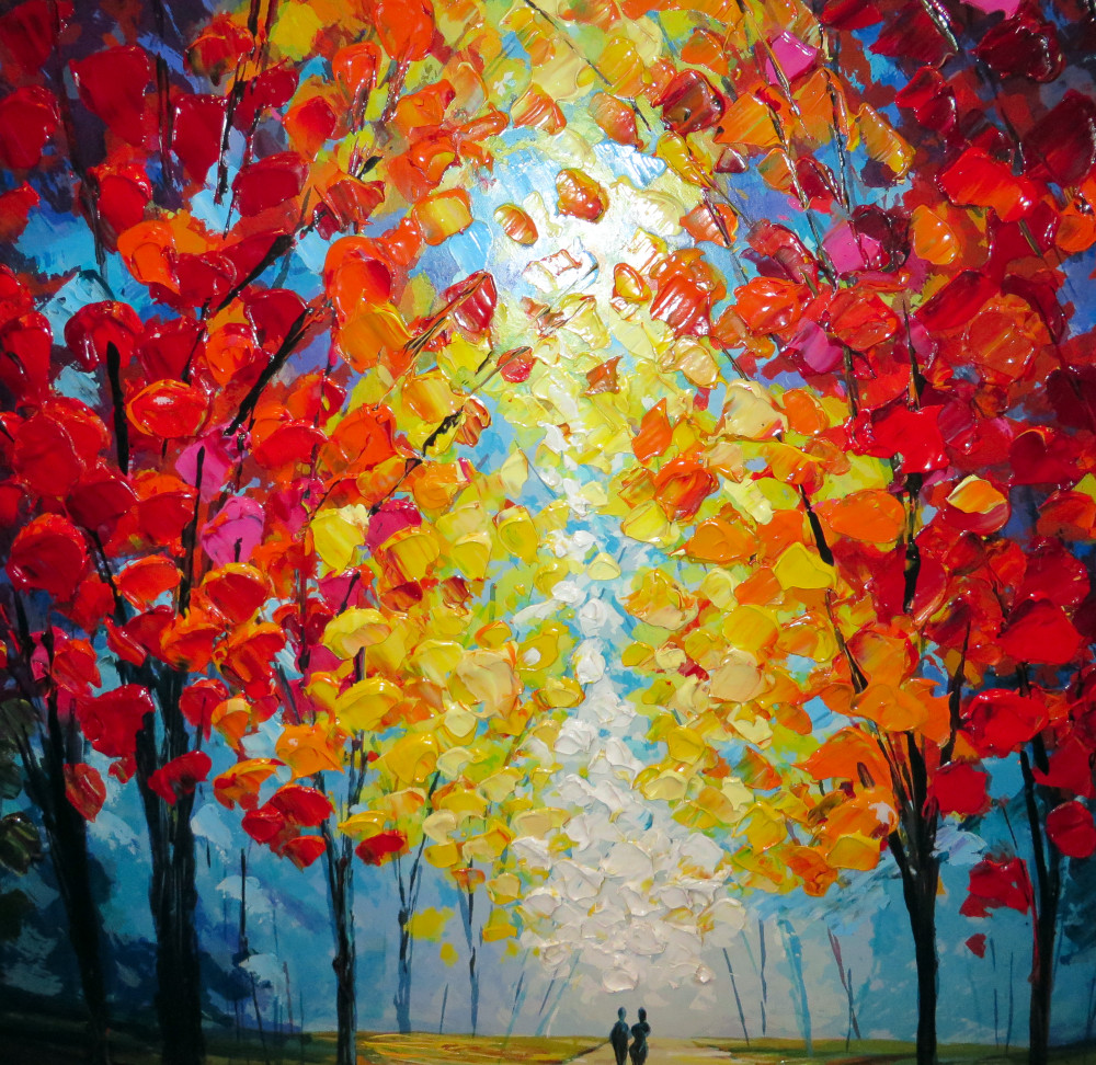 Somatic experiencing is reflected in this vivid artwork of two people walking beneath colorful trees, symbolizing resilience, healing, and body-based restoration. Somatic experiencing symbolized through a vibrant painting of two figures walking under radiant autumn trees, reflecting healing, connection, and nervous system balance.